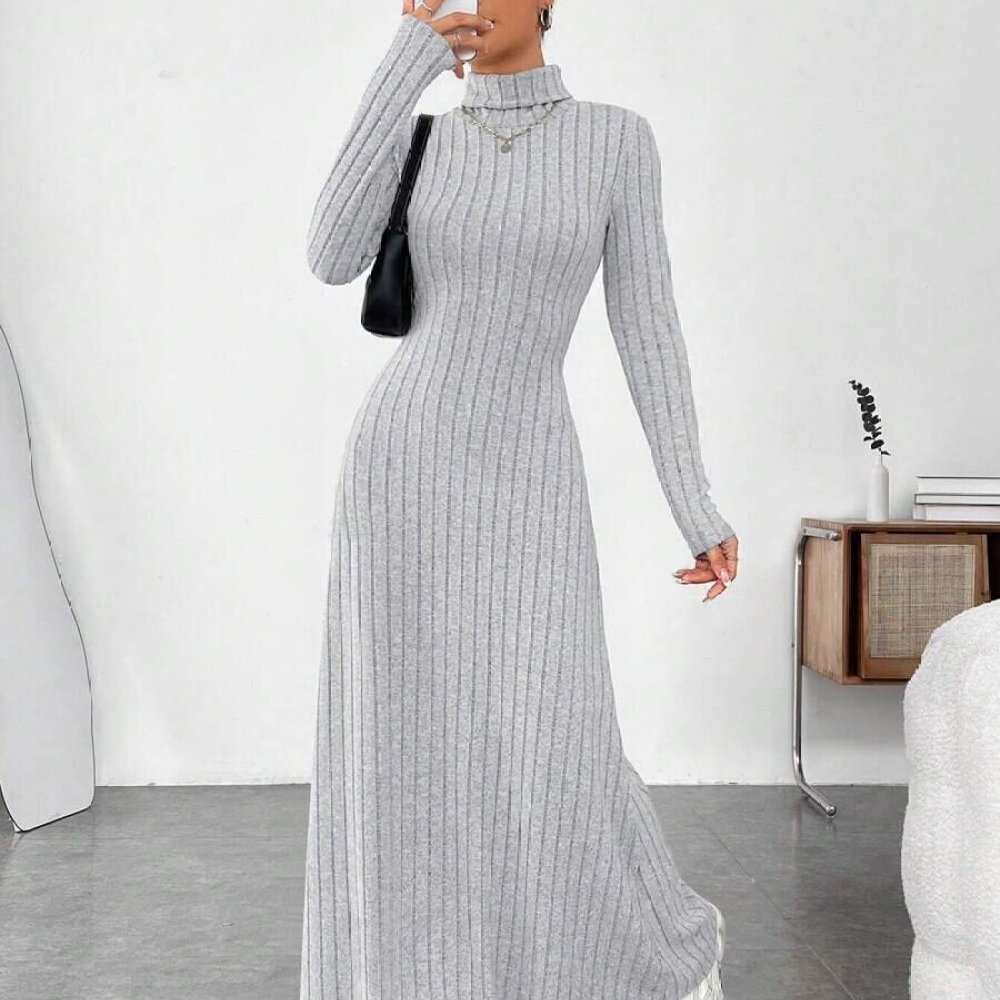 Bodycon Long Sleeve Ribbed Dress - Elegante Vestido Ajustado de Otoño con
