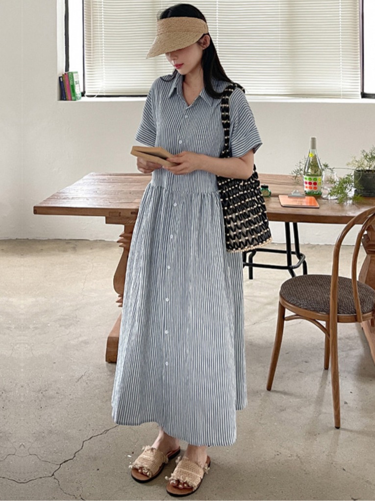 Korean Style A Line Shirt Dress - Vestido Camisero a Rayas de Estilo