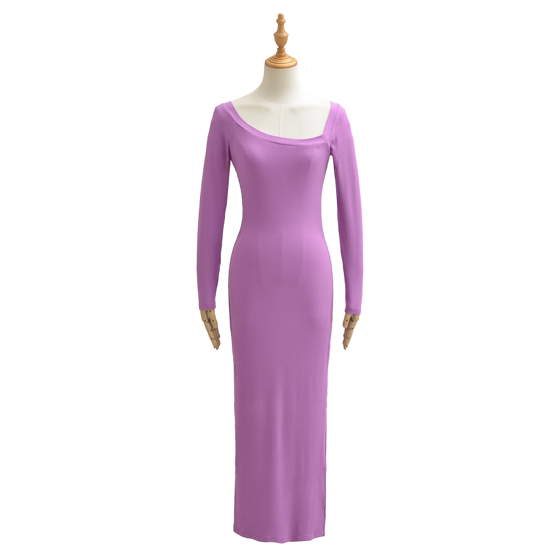 Bodycon Long Sleeve Ribbed Dress - Vestido Acanalado para Mujer con Cuello