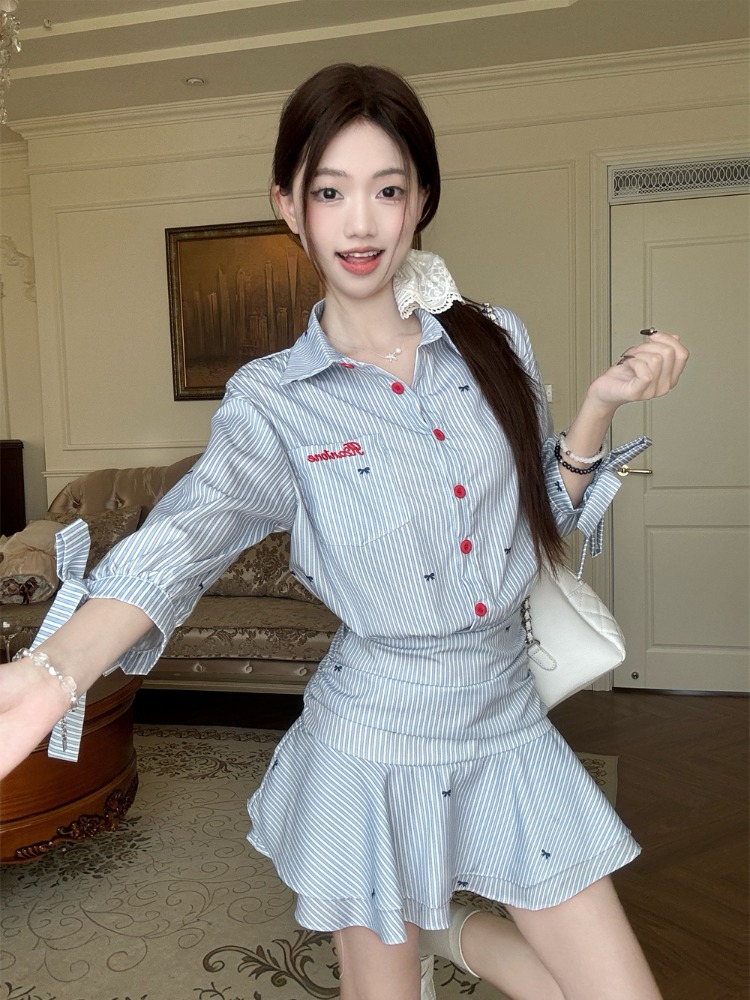 Korean Style A Line Shirt Dress - Vestido Camisero a Rayas Estilo Coreano,