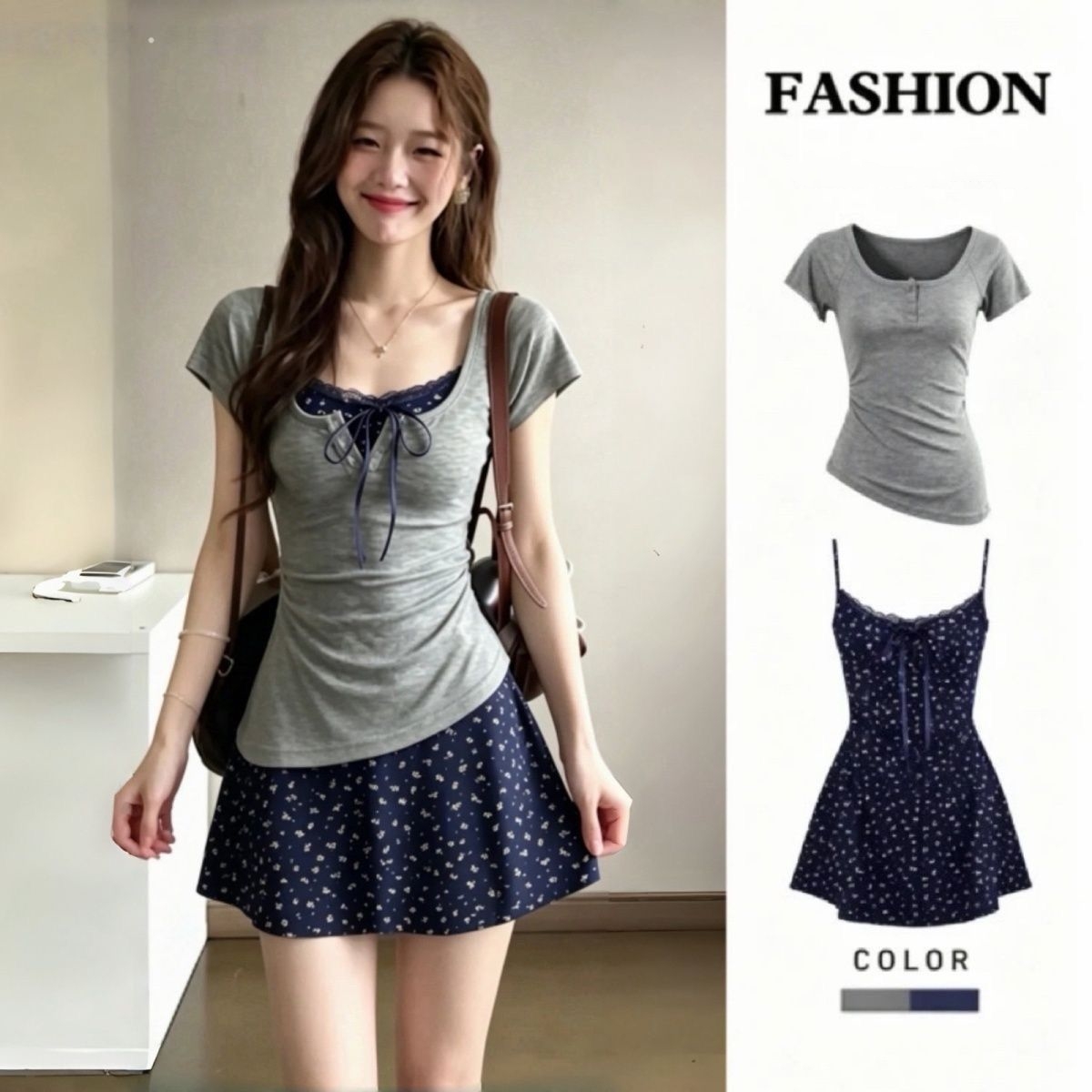 Korean Style A Line Shirt Dress - Conjunto de Dos Piezas para Mujer: