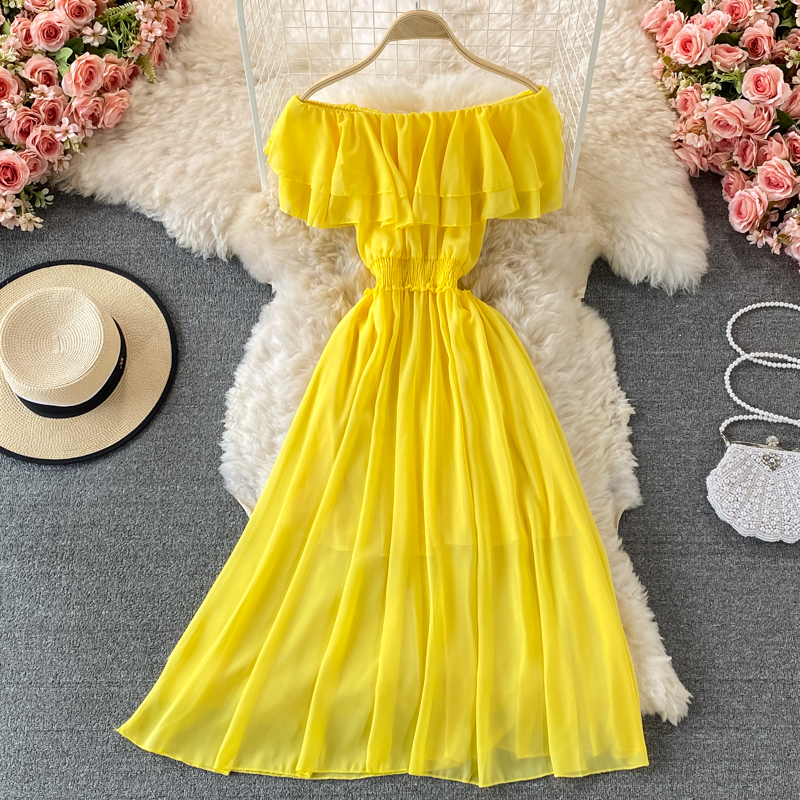Off Shoulder Puff Sleeve Sundress - Vestido de playa liso amarillo para