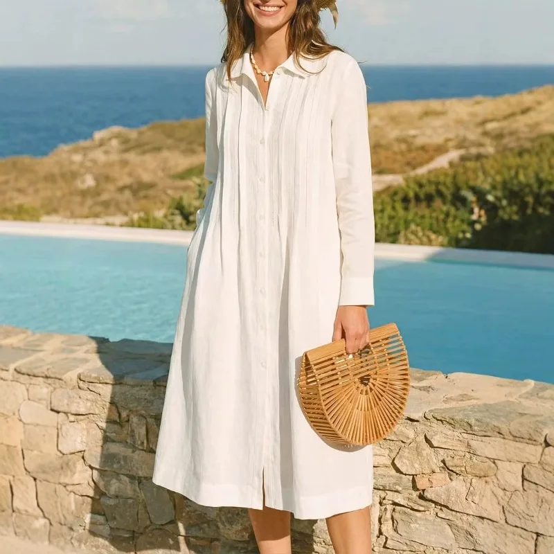 Casual Loose Linen Shirt Dress - Vestido largo europeo de tela sólida,