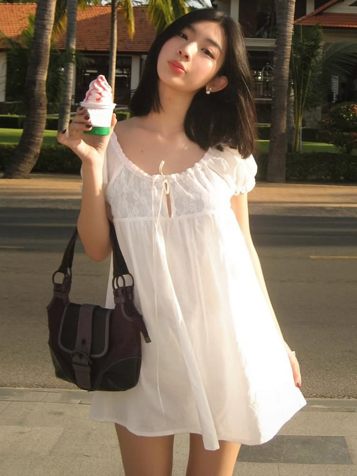 Off Shoulder Puff Sleeve Sundress - Vestido mini blanco de encaje con