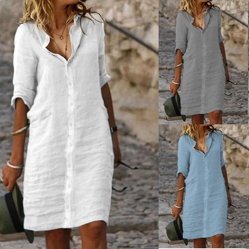 Casual Loose Linen Shirt Dress - Vestido Camisero Midi Holgado con Botones,