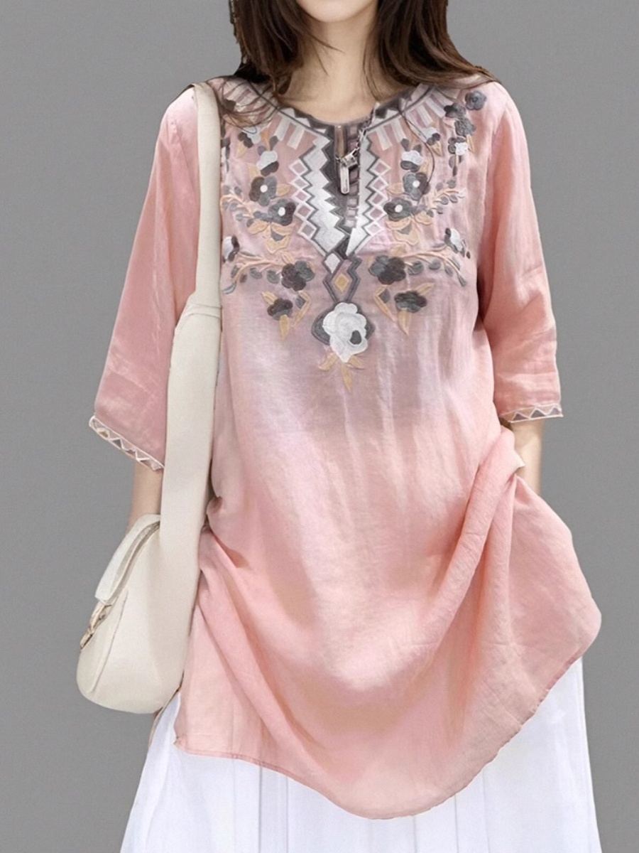 Casual Loose Linen Shirt Dress - Elegante Vestido Camisero de Lino Bordado