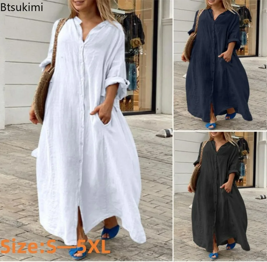 Casual Loose Linen Shirt Dress - Vestido Largo Informal de Algodón y