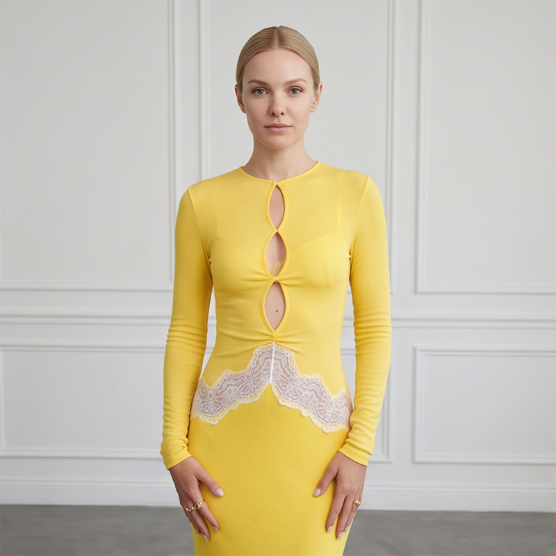 Bodycon Long Sleeve Ribbed Dress - Vestido Maxi Amarillo de Encaje con