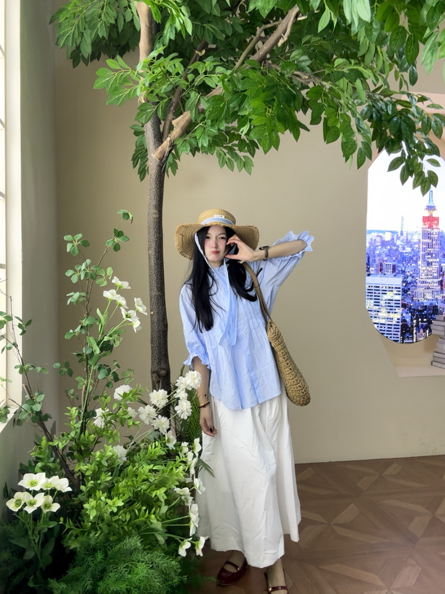 Korean Style A Line Shirt Dress - Conjunto de camisa azul de manga
