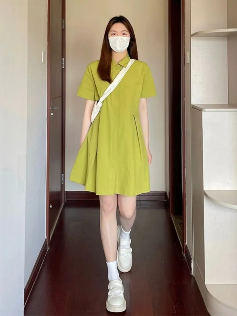 Korean Style A Line Shirt Dress - Vestido de manga corta para mujer