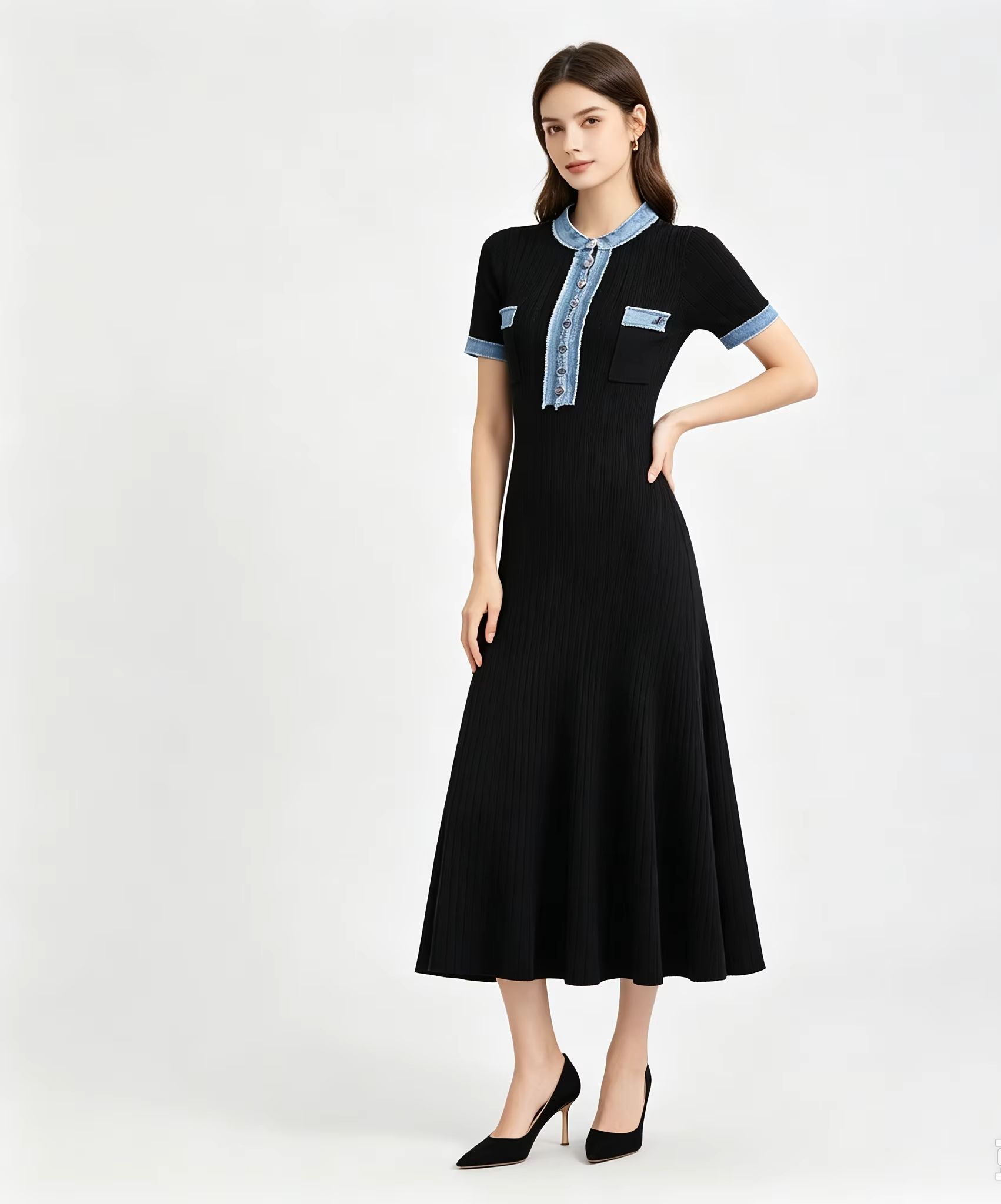 Bodycon Long Sleeve Ribbed Dress - Vestido Midi Ajustado de Mujer, Tejido