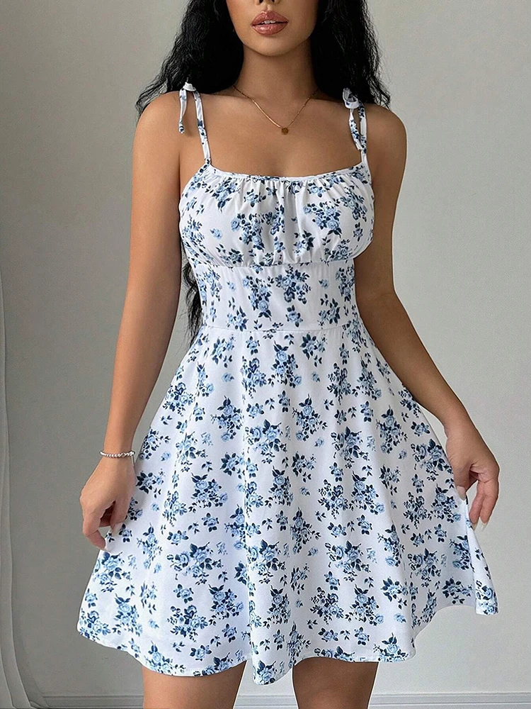 French Vintage Floral Midi Dress - Vestido corto de playa con tirantes