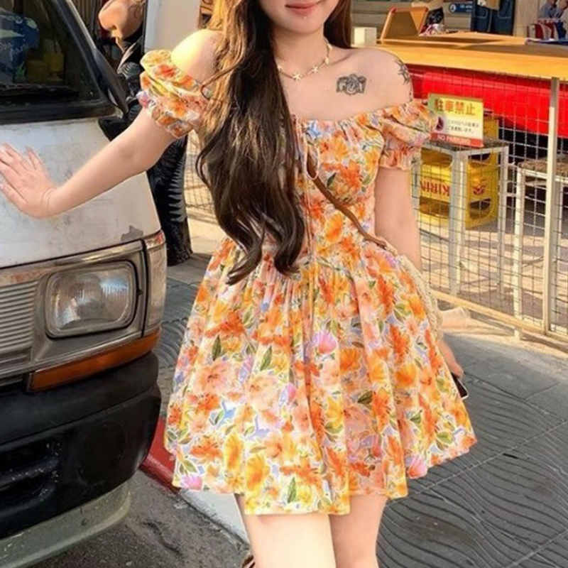 Off Shoulder Puff Sleeve Sundress - Minivestido naranja con estampado floral y