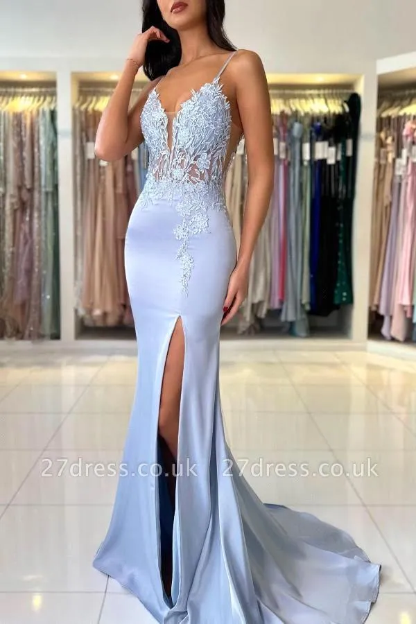 Elegant Satin Evening Gown Split - Elegante Vestido de Noche Azul Claro