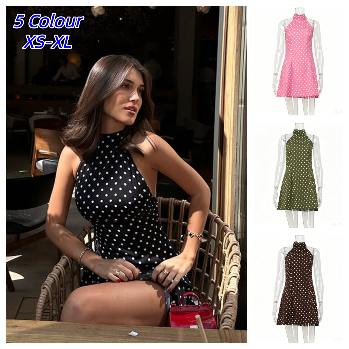 Y2K Backless Halter Mini Dress - Vestido Halter con estampado de lunares