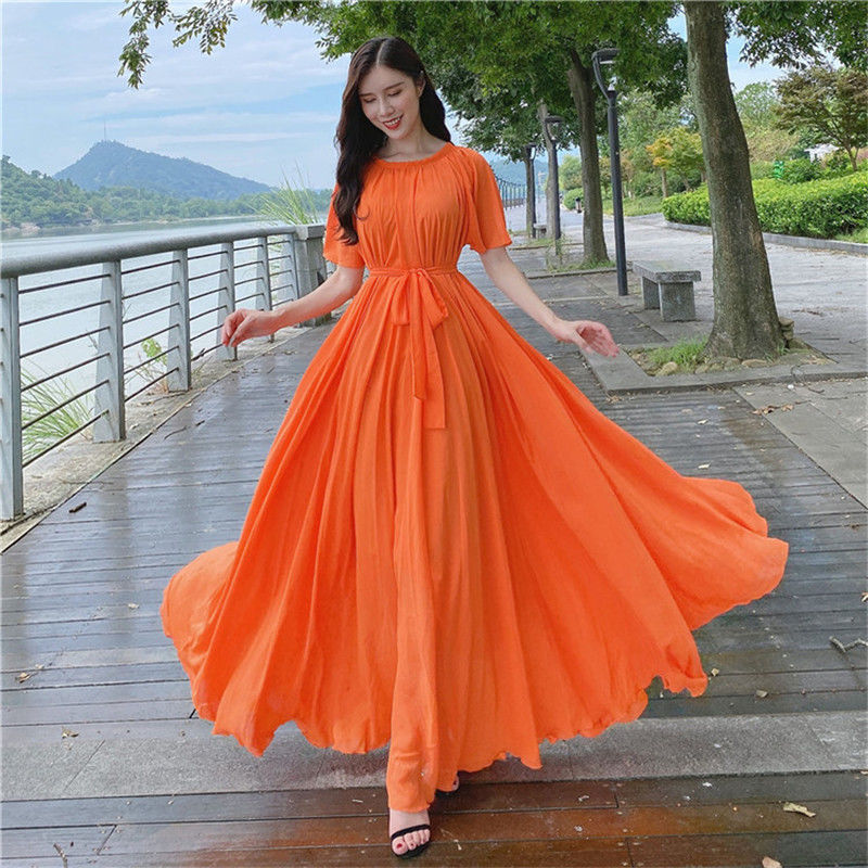 French Vintage Floral Midi Dress - Vestido holgado de chifón para mujer,