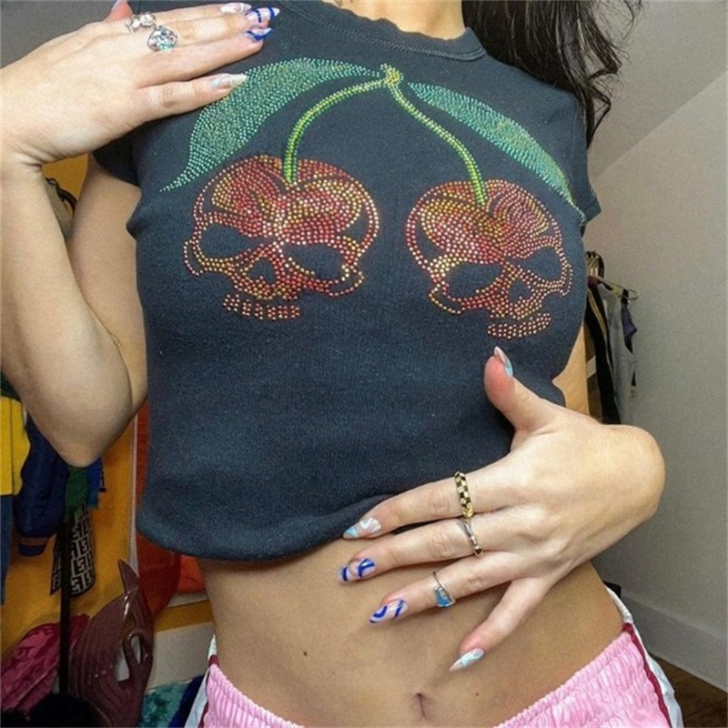 Y2K Graphic Baby Tee Crop - Camiseta estética Punk ajustada Emo para