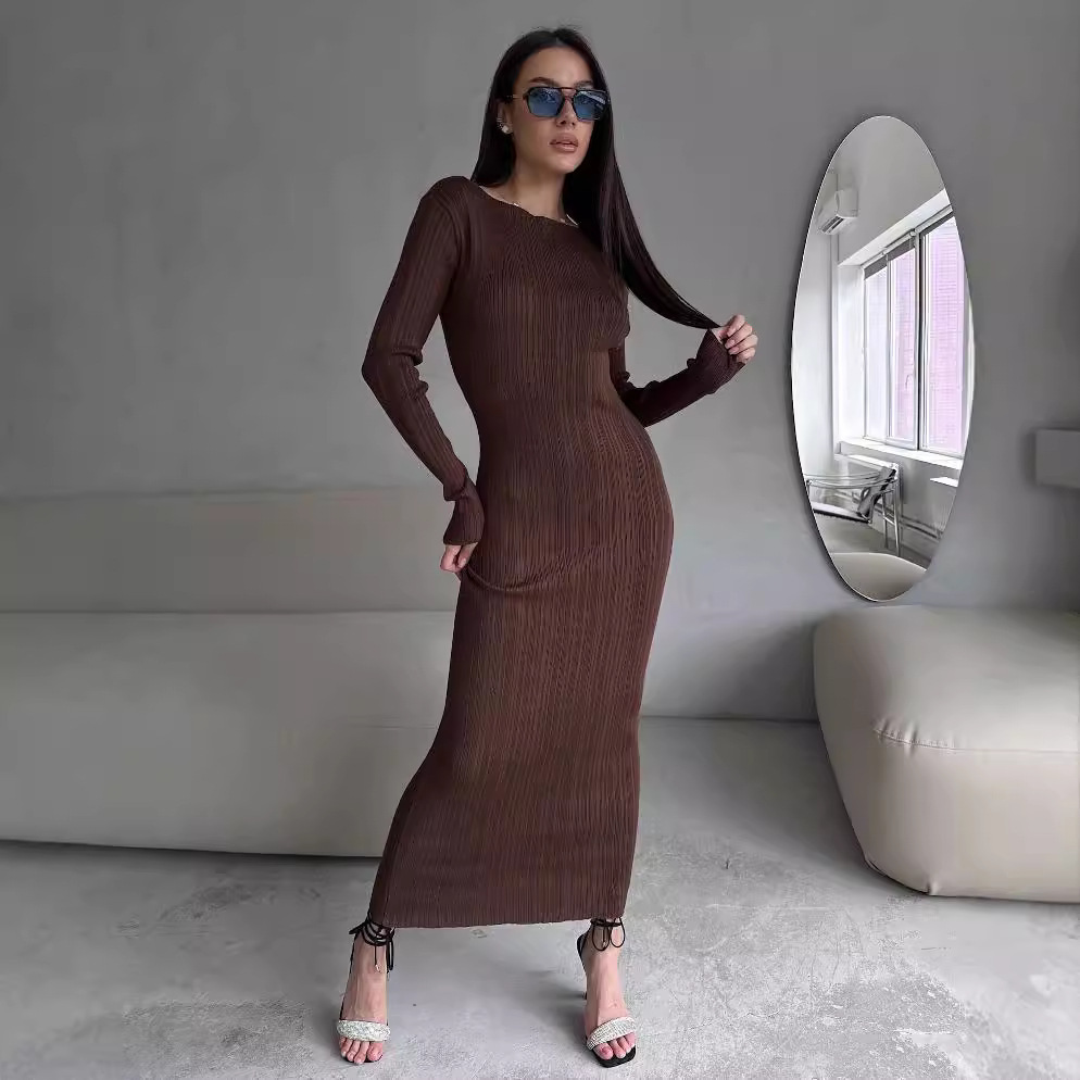 Bodycon Long Sleeve Ribbed Dress - Vestido Maxi Elegante de Punto Acanalado
