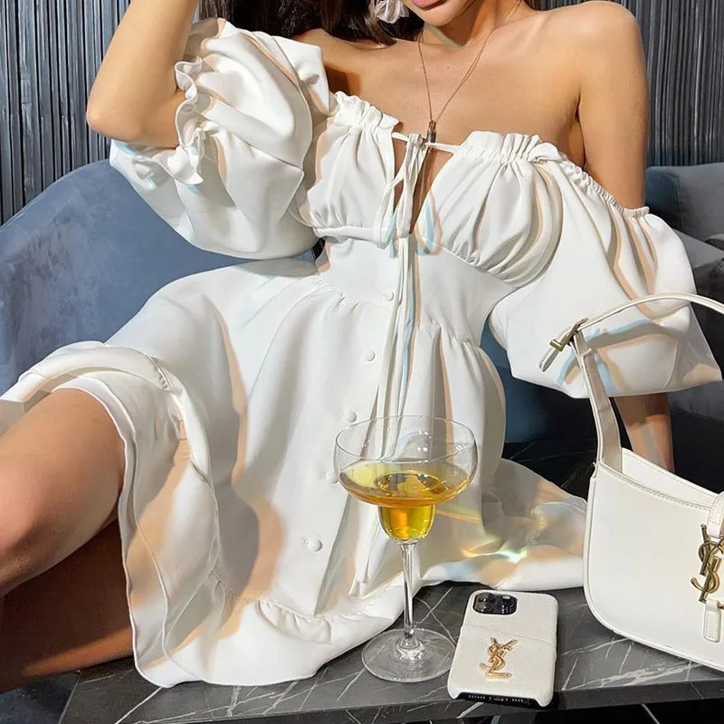 Off Shoulder Puff Sleeve Sundress - Vestidos mini de verano para mujer,