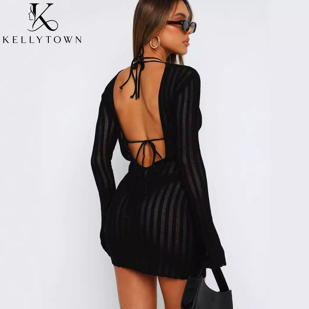 Bodycon Long Sleeve Ribbed Dress - Vestido sin espalda sexy de punto