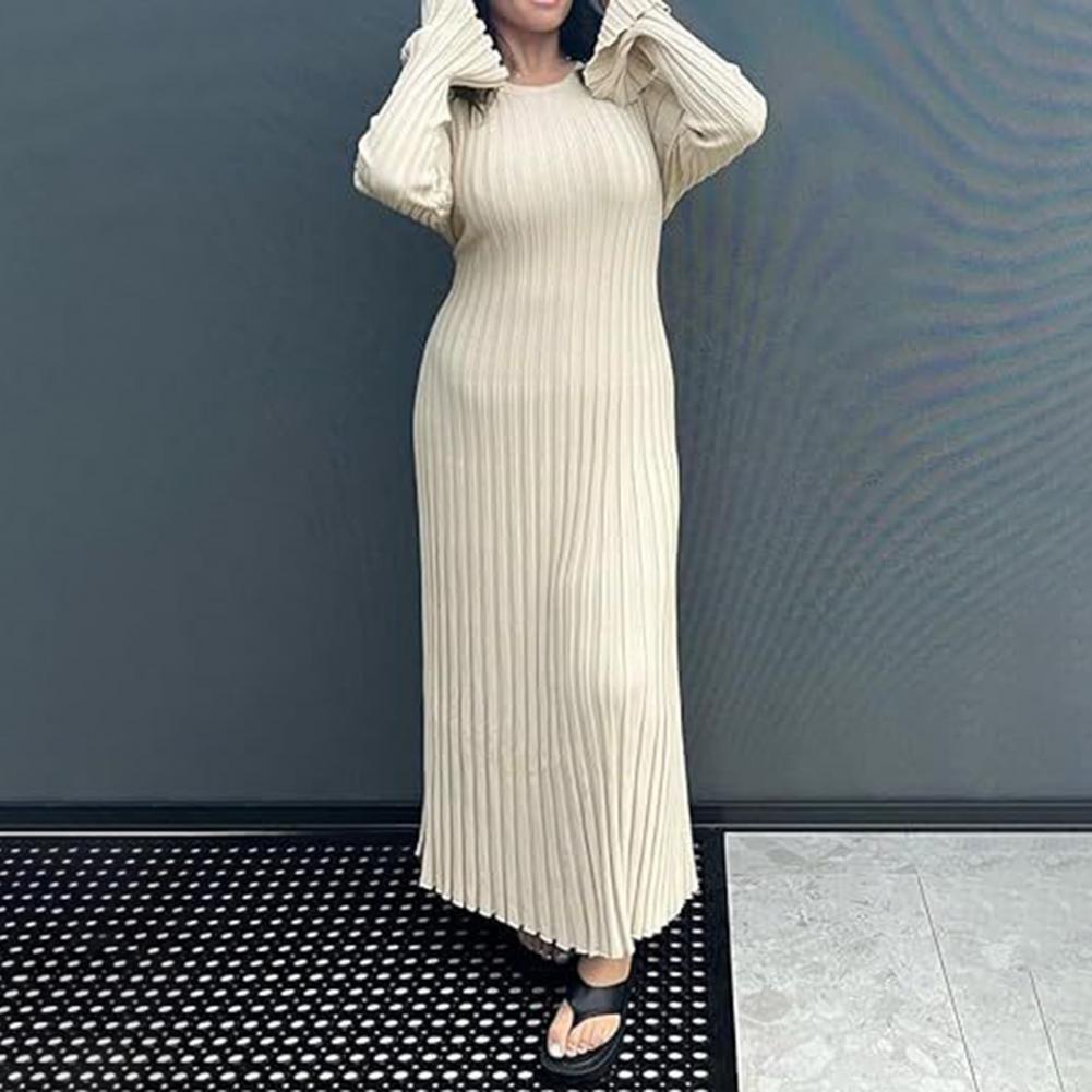 Bodycon Long Sleeve Ribbed Dress - Vestido de punto acanalado para mujer,
