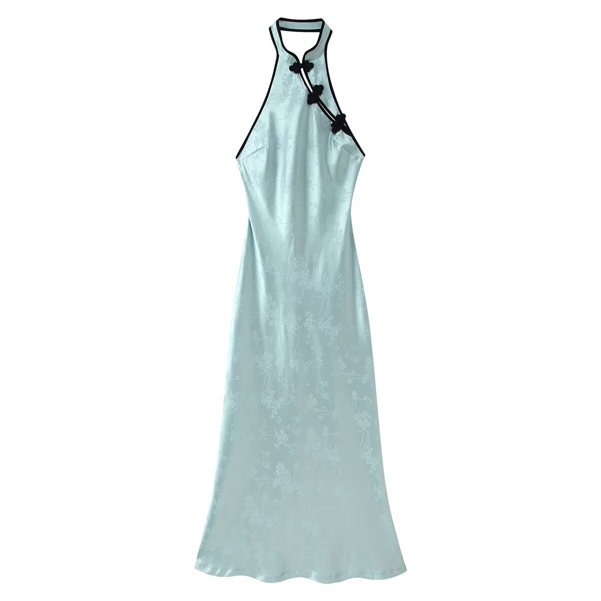 French Vintage Floral Midi Dress - Vestido Midi Halter Jacquard sin Mangas