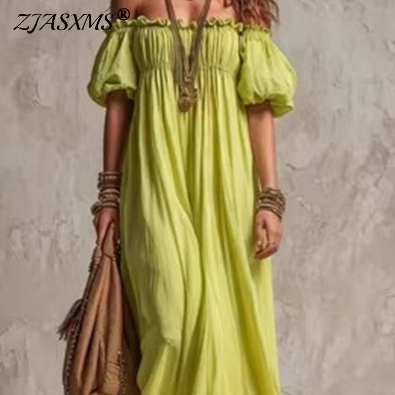 Off Shoulder Puff Sleeve Sundress - Vestido Maxi Casual de Verano para