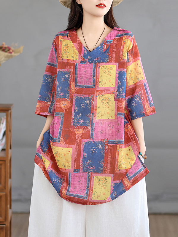 Casual Loose Linen Shirt Dress - Top Casual de Lino Estampado, Estilo