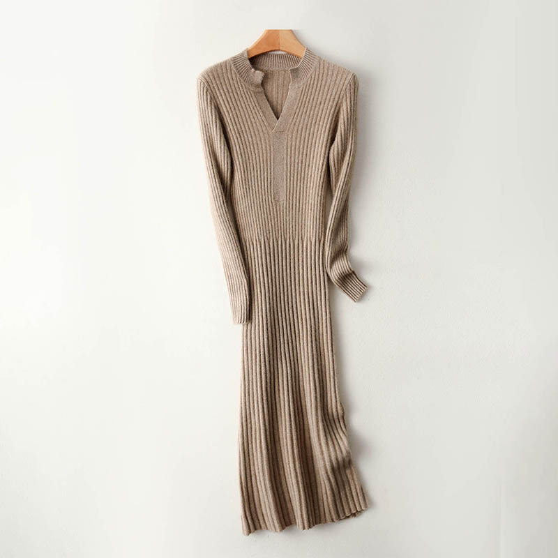 Bodycon Long Sleeve Ribbed Dress - Vestido largo con cuello en V