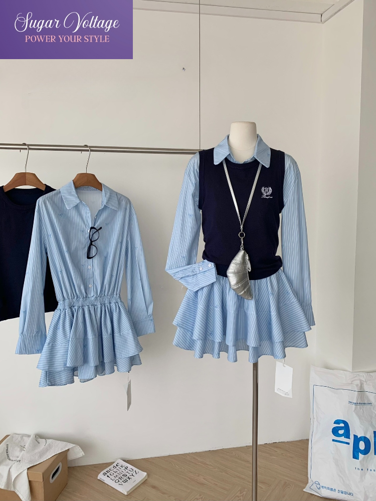 Korean Style A Line Shirt Dress - Conjunto de dos piezas de estilo