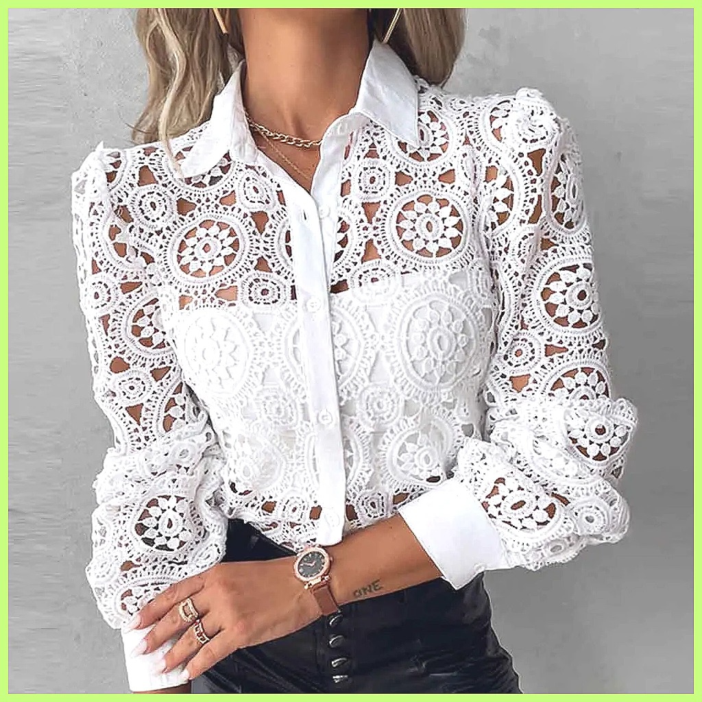 Blouses - Camisa Blanca de Encaje para Mujer