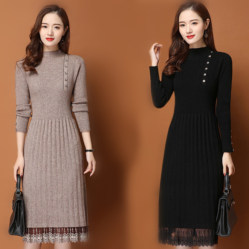 Bodycon Long Sleeve Ribbed Dress - Botones de dobladillo de encaje para