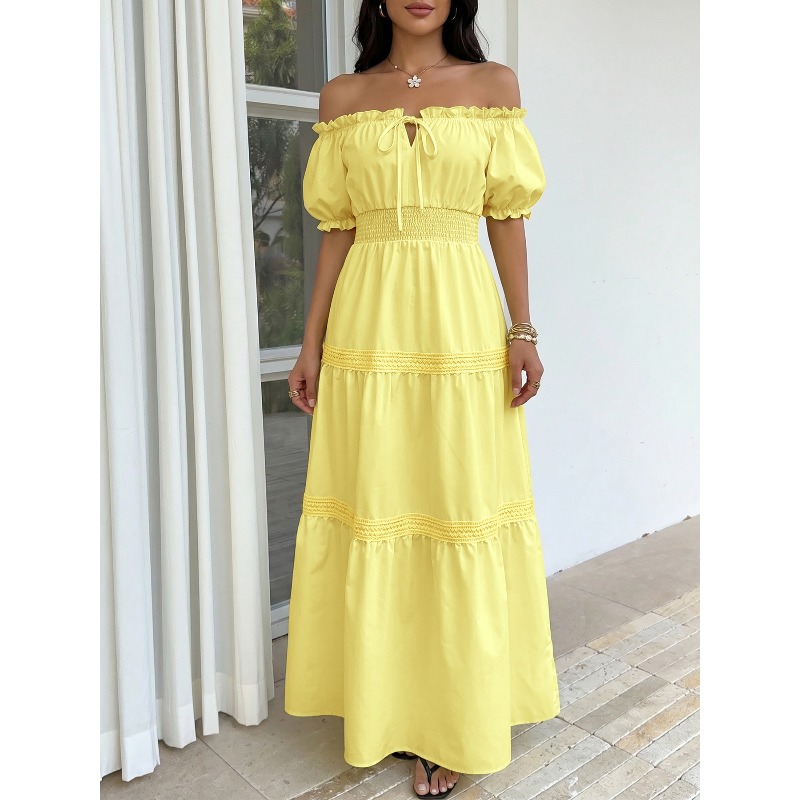 Off Shoulder Puff Sleeve Sundress - Vestido Maxi Bohemio de Verano para