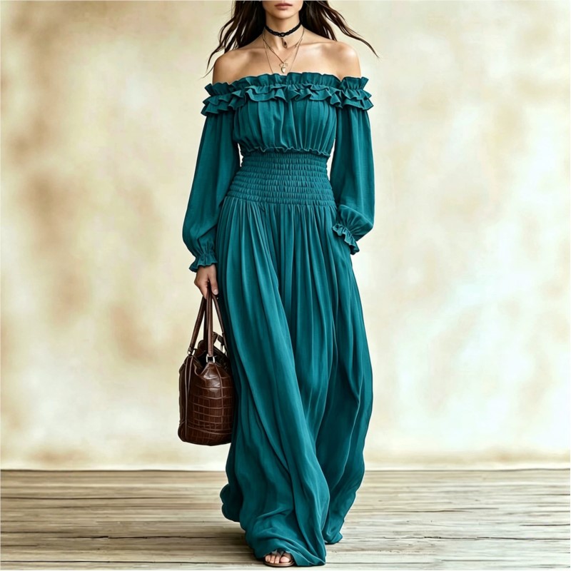 Off Shoulder Puff Sleeve Sundress - Vestidos Maxi de Moda con Hombros