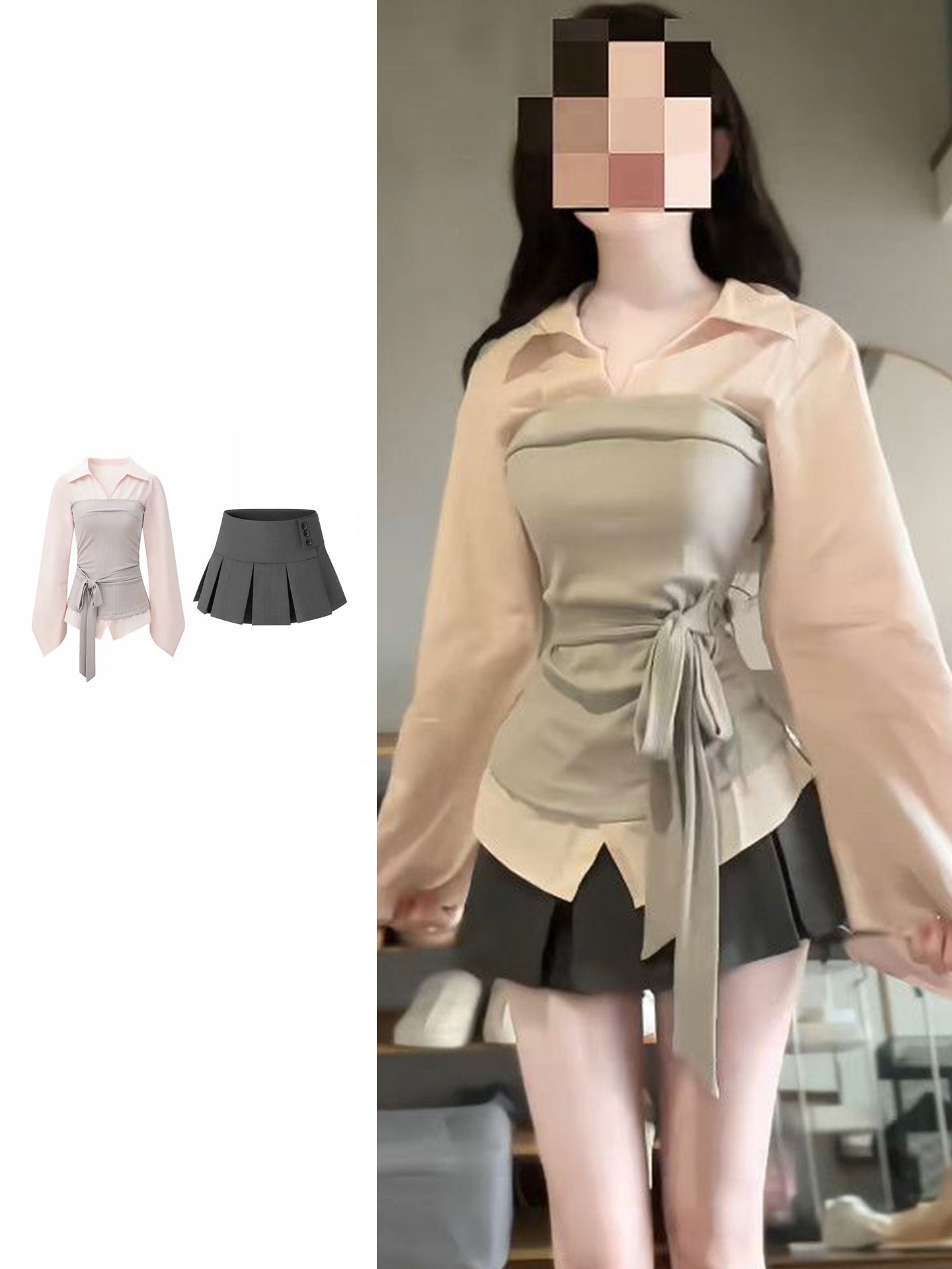 Korean Style A Line Shirt Dress - Conjunto de camisa y falda estilo