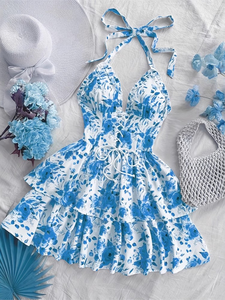 French Vintage Floral Midi Dress - Vestido Corto Retro Estilo Vacaciones para