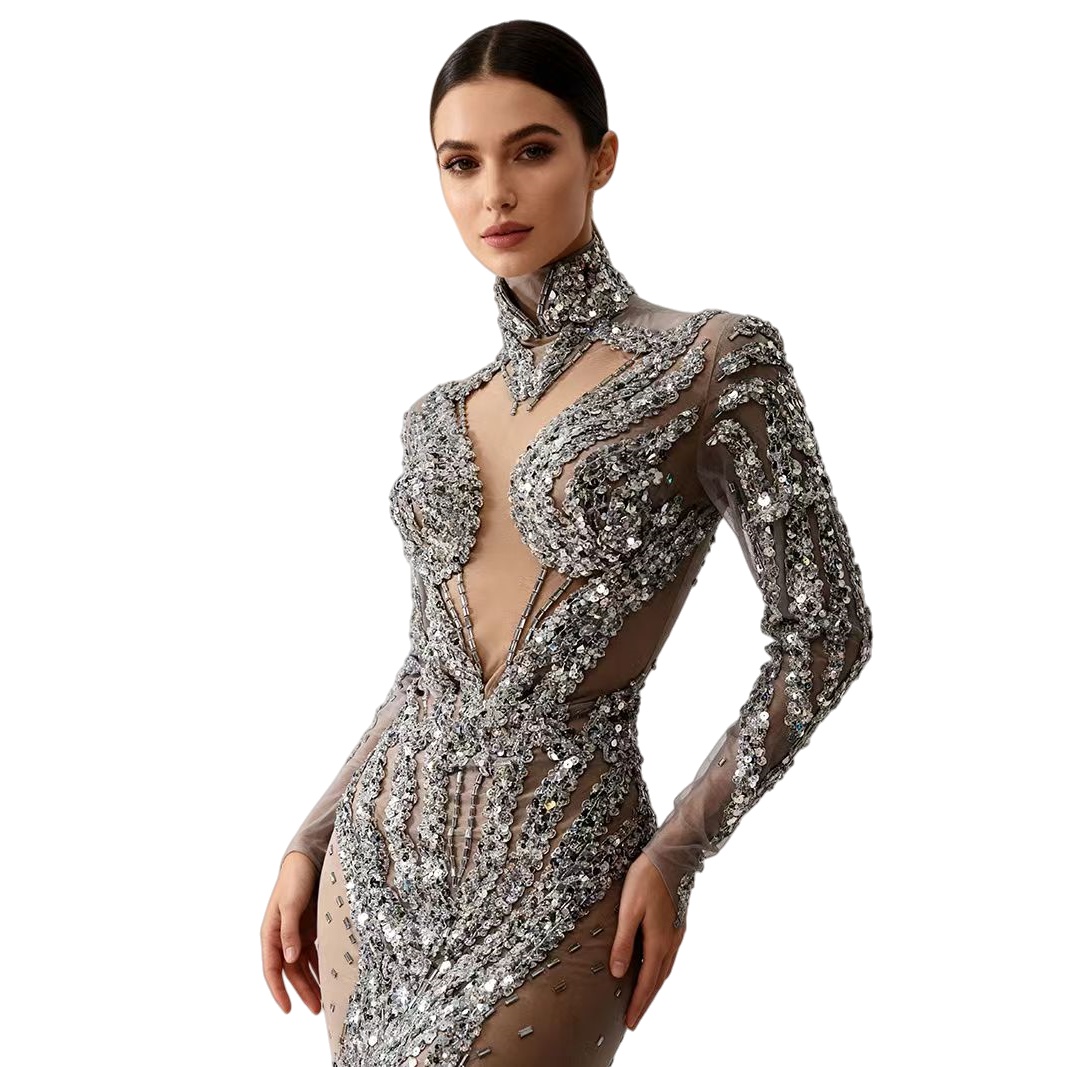 Sparkly Rhinestone Club Party Dress - Minivestido ajustado transparente con lentejuelas plateadas