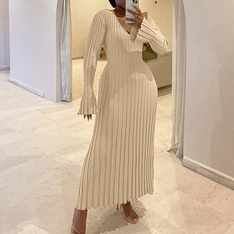 Bodycon Long Sleeve Ribbed Dress - Falda de punto con cuello en