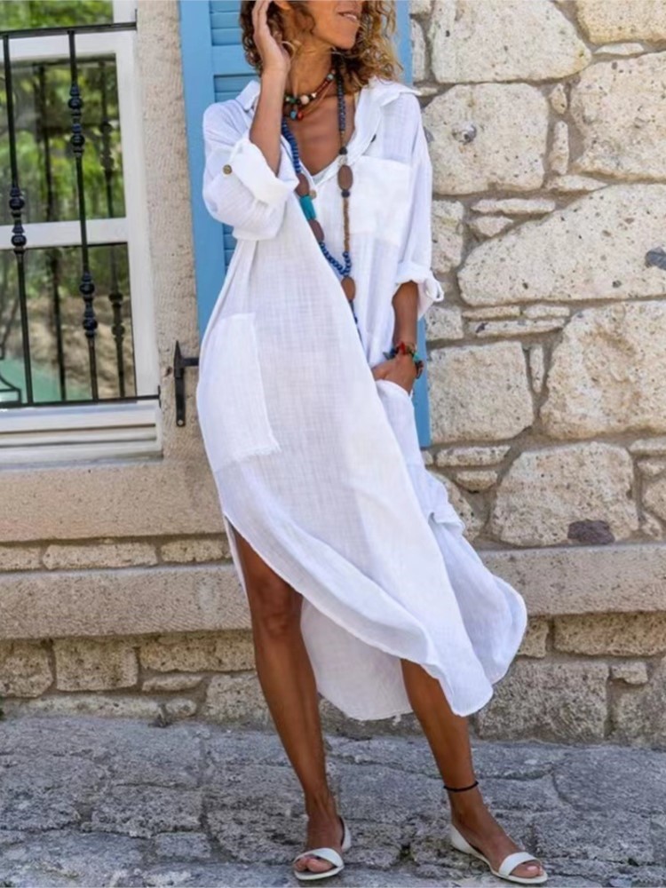Casual Loose Linen Shirt Dress - Vestido camisero blanco para mujer, vestido
