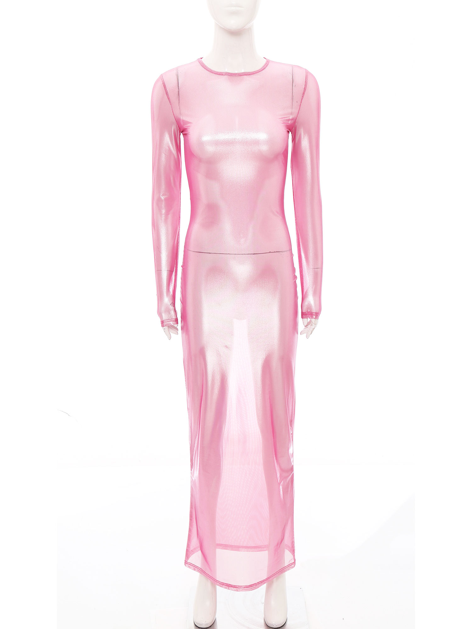 Sexy Mesh Sheer Bodycon Dress - Vestido largo transparente metálico brillante para