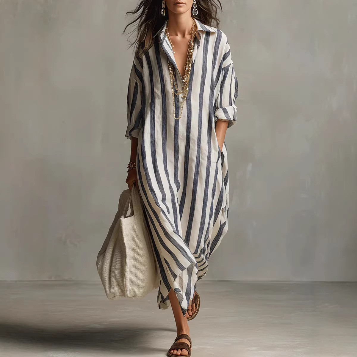 Casual Loose Linen Shirt Dress - Vestido Camisero de Lino a Rayas