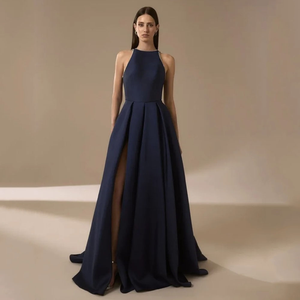 Elegant Satin Evening Gown Split - Vestidos de Noche de satén azul