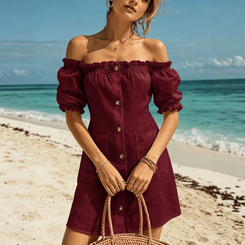 Vestido corto con hombros desc - Off Shoulder Puff Sleeve Sundress reseña y precio