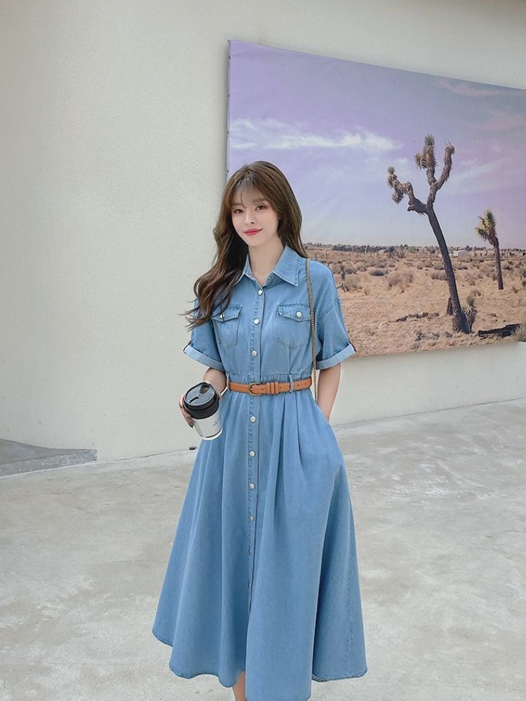 Vestido de mezclilla para muje - Korean Style A Line Shirt Dress reseña y precio