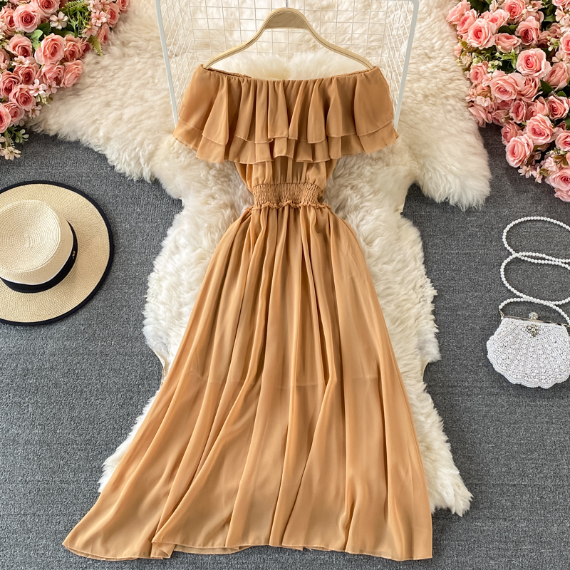 Vestido de playa liso amarillo - Off Shoulder Puff Sleeve Sundress reseña y precio