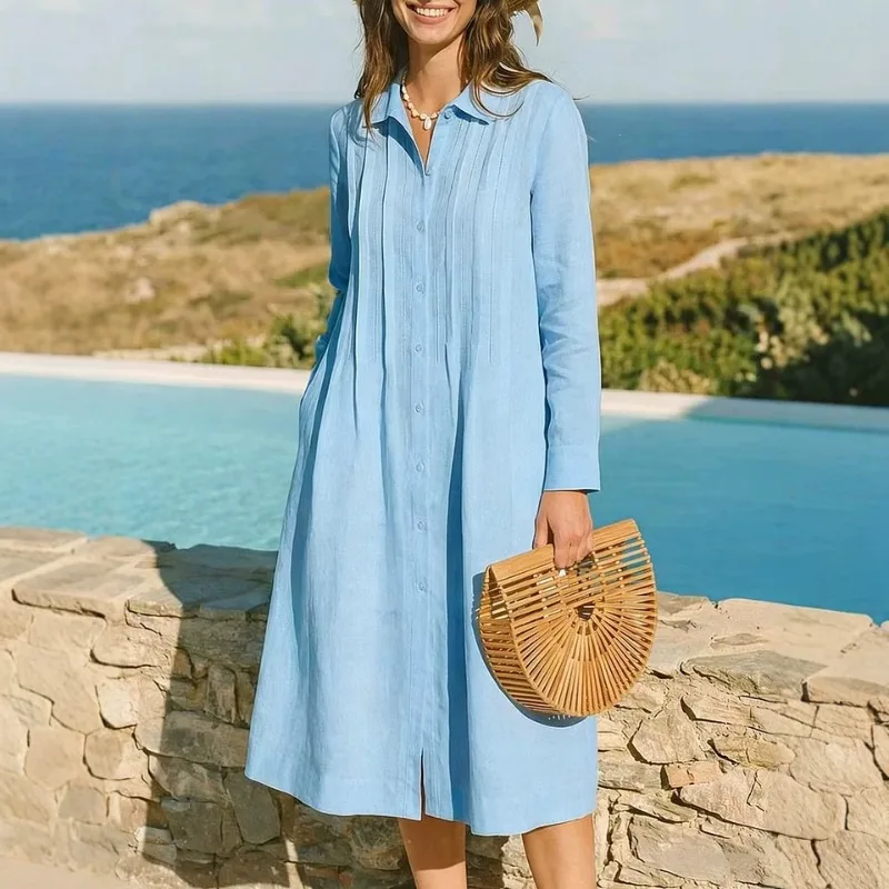 Vestido largo europeo de tela  - Casual Loose Linen Shirt Dress reseña y precio