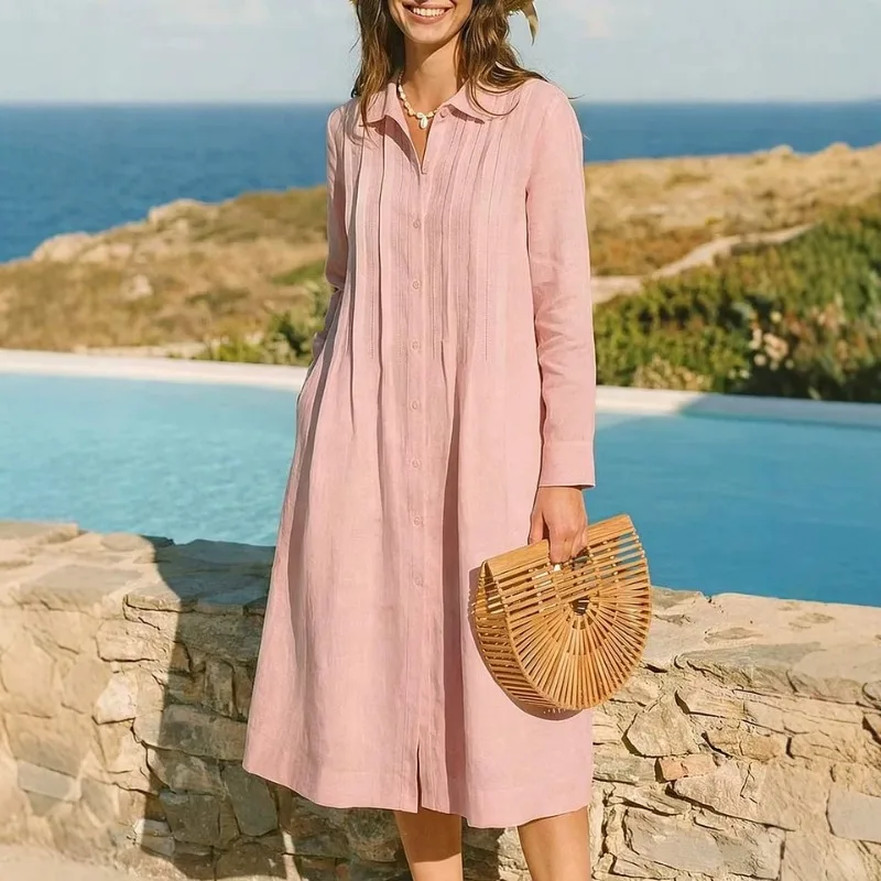 Vestido largo europeo de tela  - Casual Loose Linen Shirt Dress reseña y precio