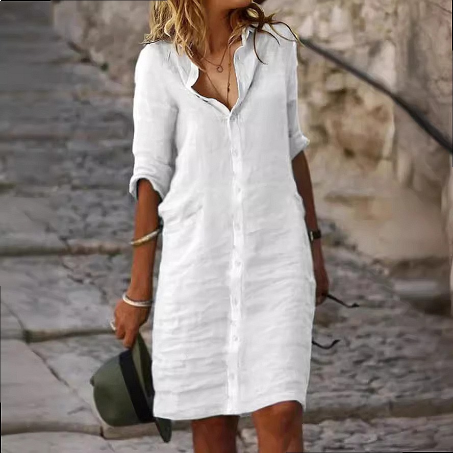 Vestido Camisero Midi Holgado  - Casual Loose Linen Shirt Dress reseña y precio
