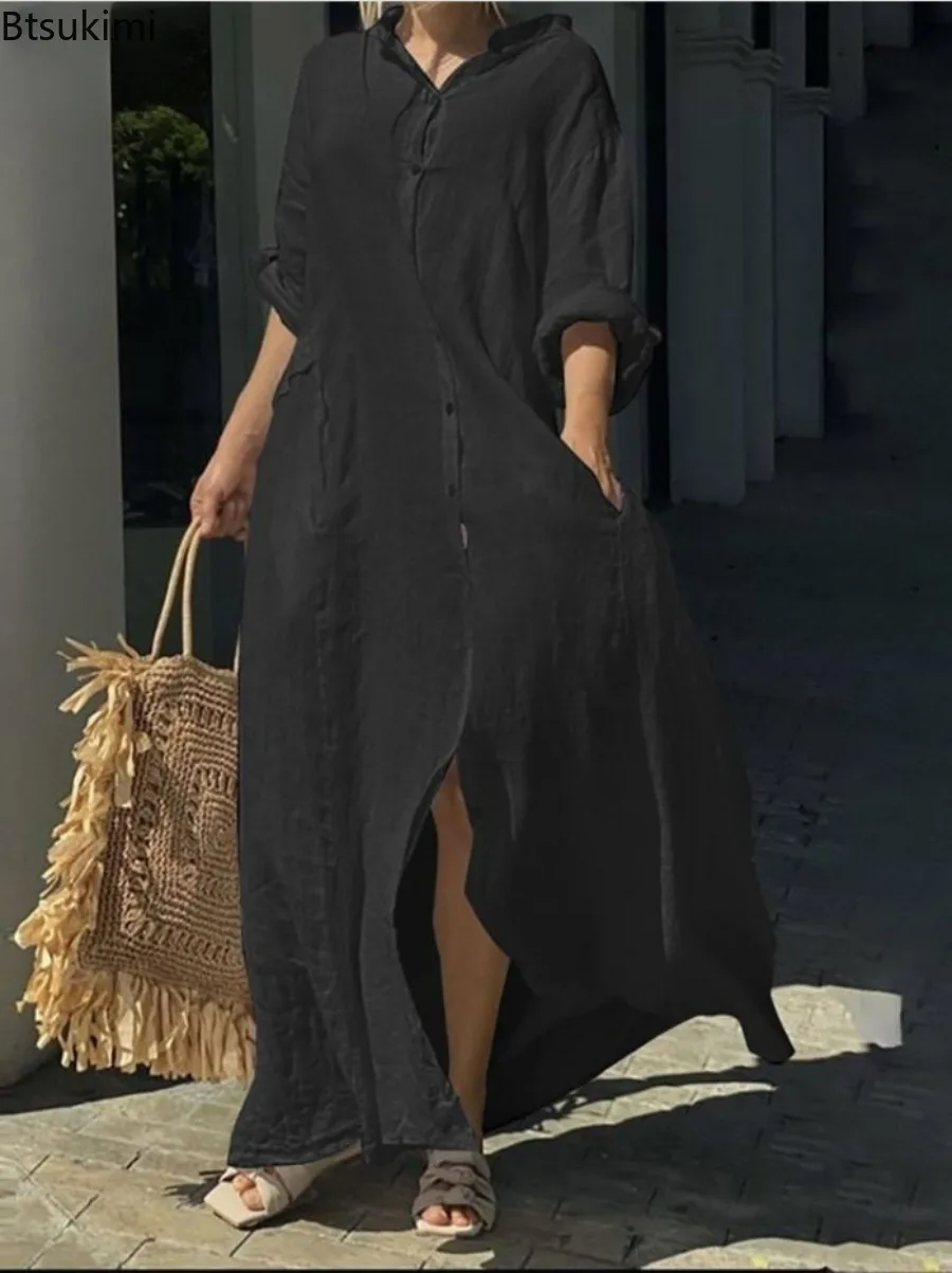 Vestido Largo Informal de Algo - Casual Loose Linen Shirt Dress reseña y precio