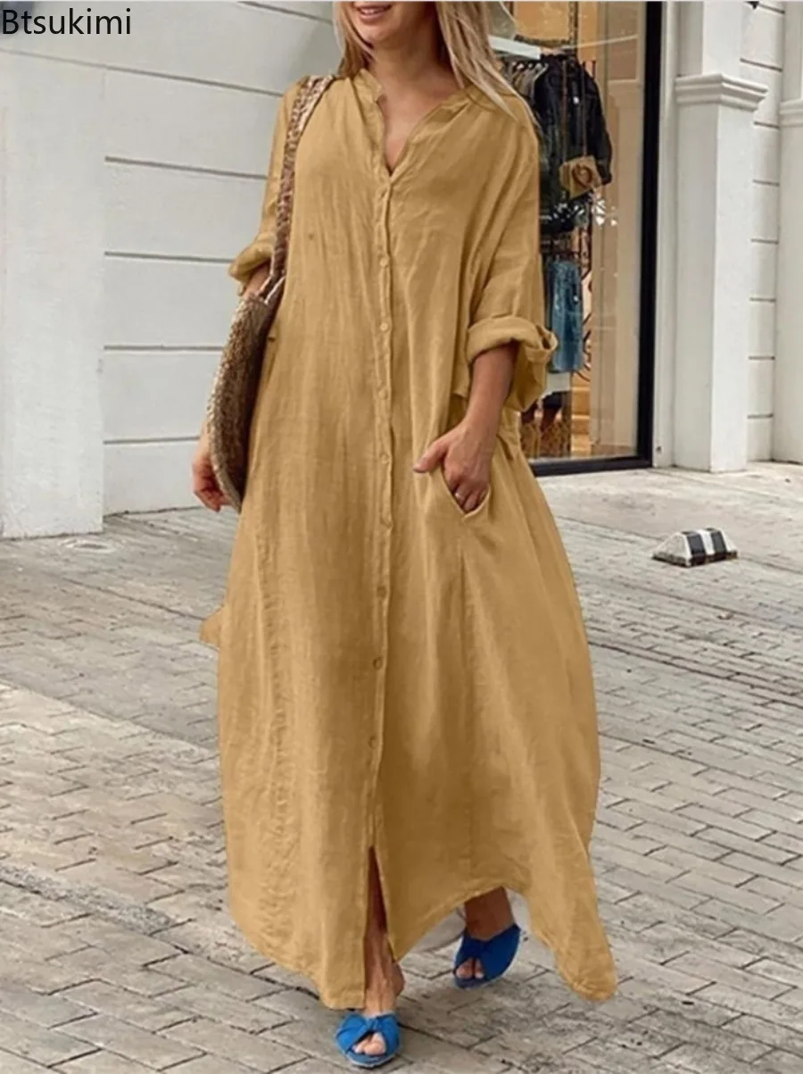 Vestido Largo Informal de Algo - Casual Loose Linen Shirt Dress reseña y precio